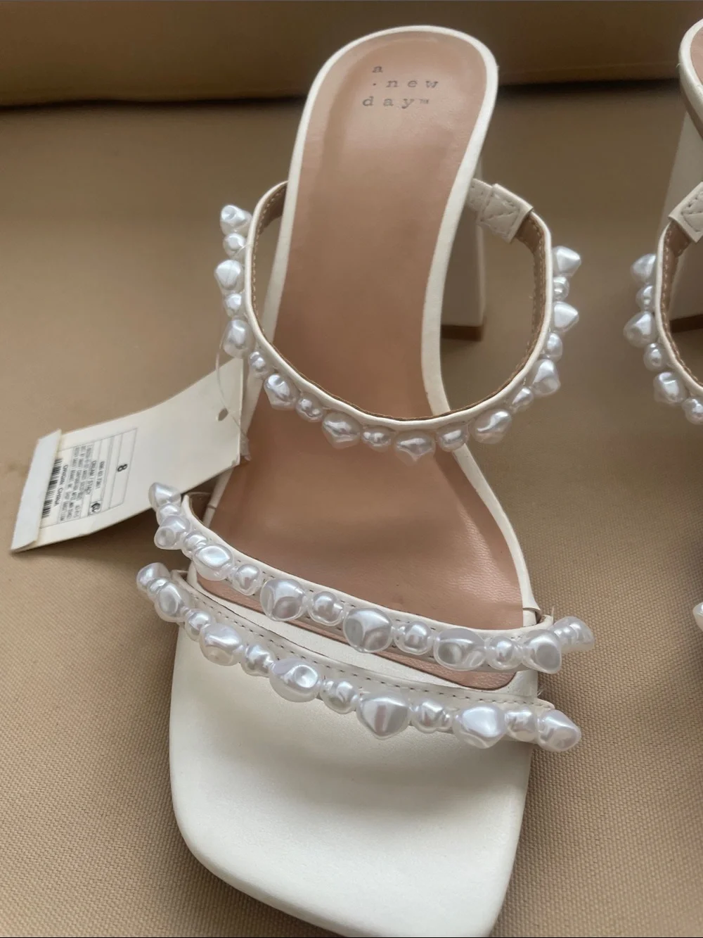 a new day Pearl-Embellished Cream Strappy Mules